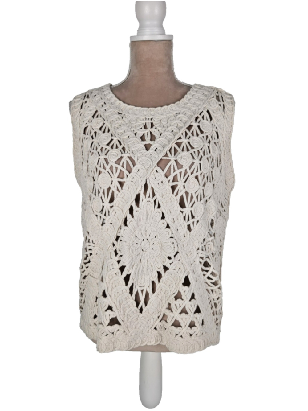 Ultra Pink Crochet Lace Overlay Top Macrame Cream Size M Festival Boho Retro